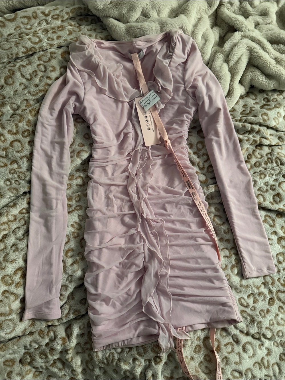Oh Polly Blush Pink/Purple Ruched Long-Sleeve Mini Dress